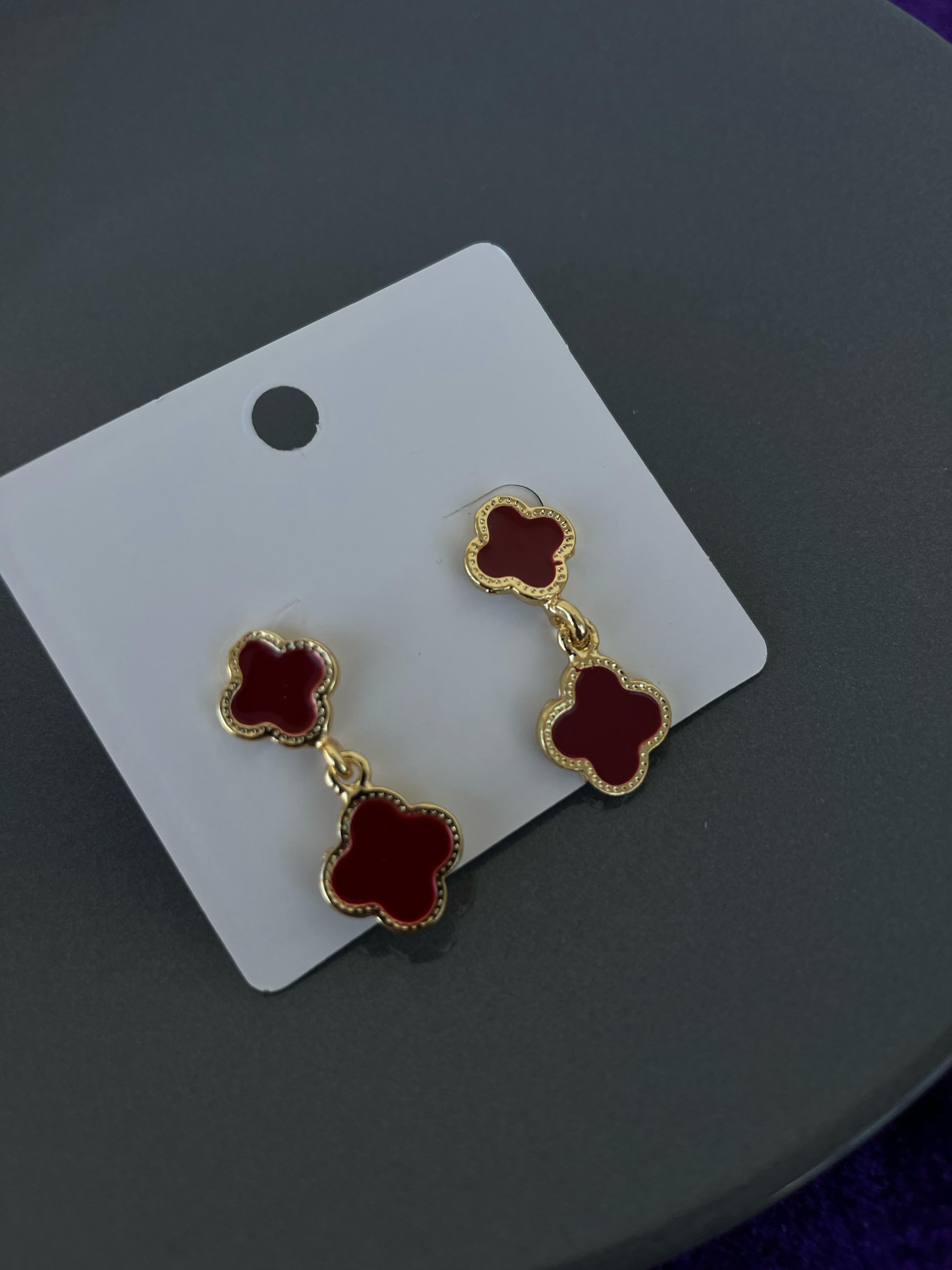 Bordo Renk 2'Li Sallantılı Van Cleef Kadın Küpe